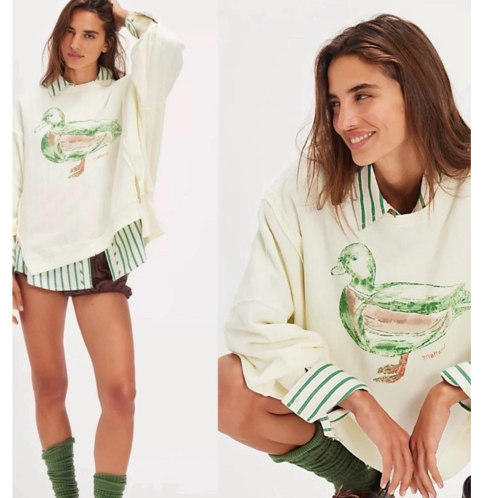 Free People Cream Graphic Duck Long Sleeve Pullover NWT
